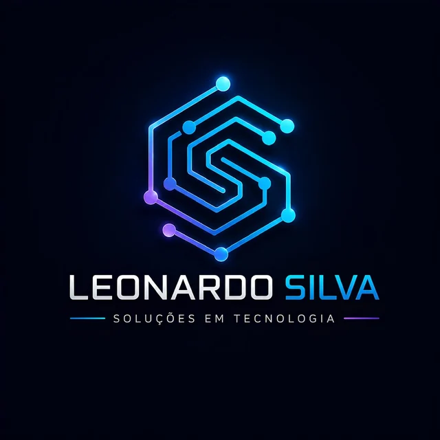 Logo Leonardo Silva — Soluções em Tecnologia, com símbolo de conexões em azul e violeta